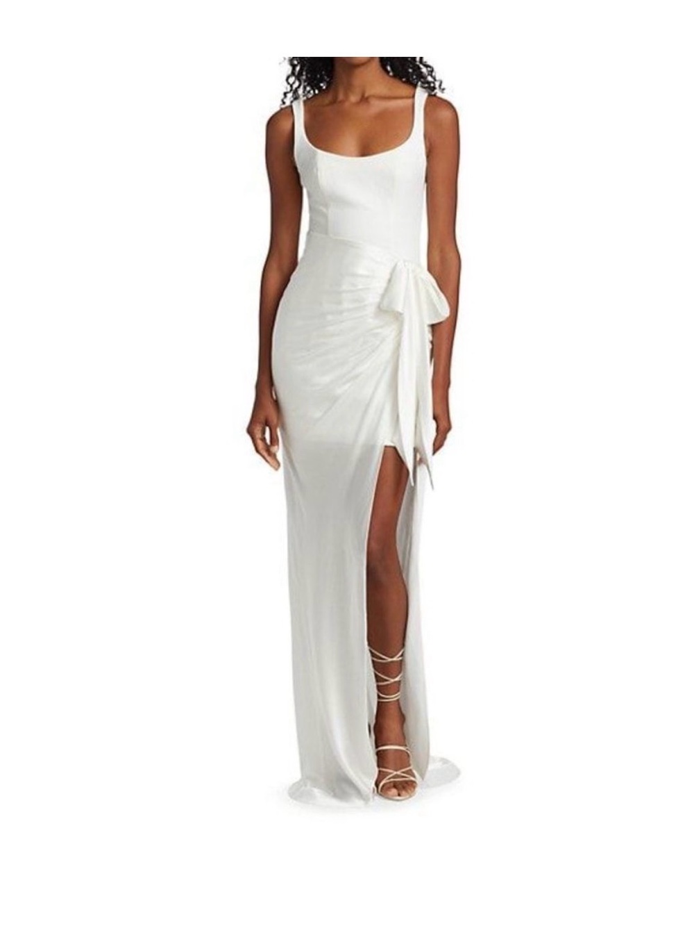 Cinq a sept White Satin Scoop-Neck Maxi Gown with Side Bow